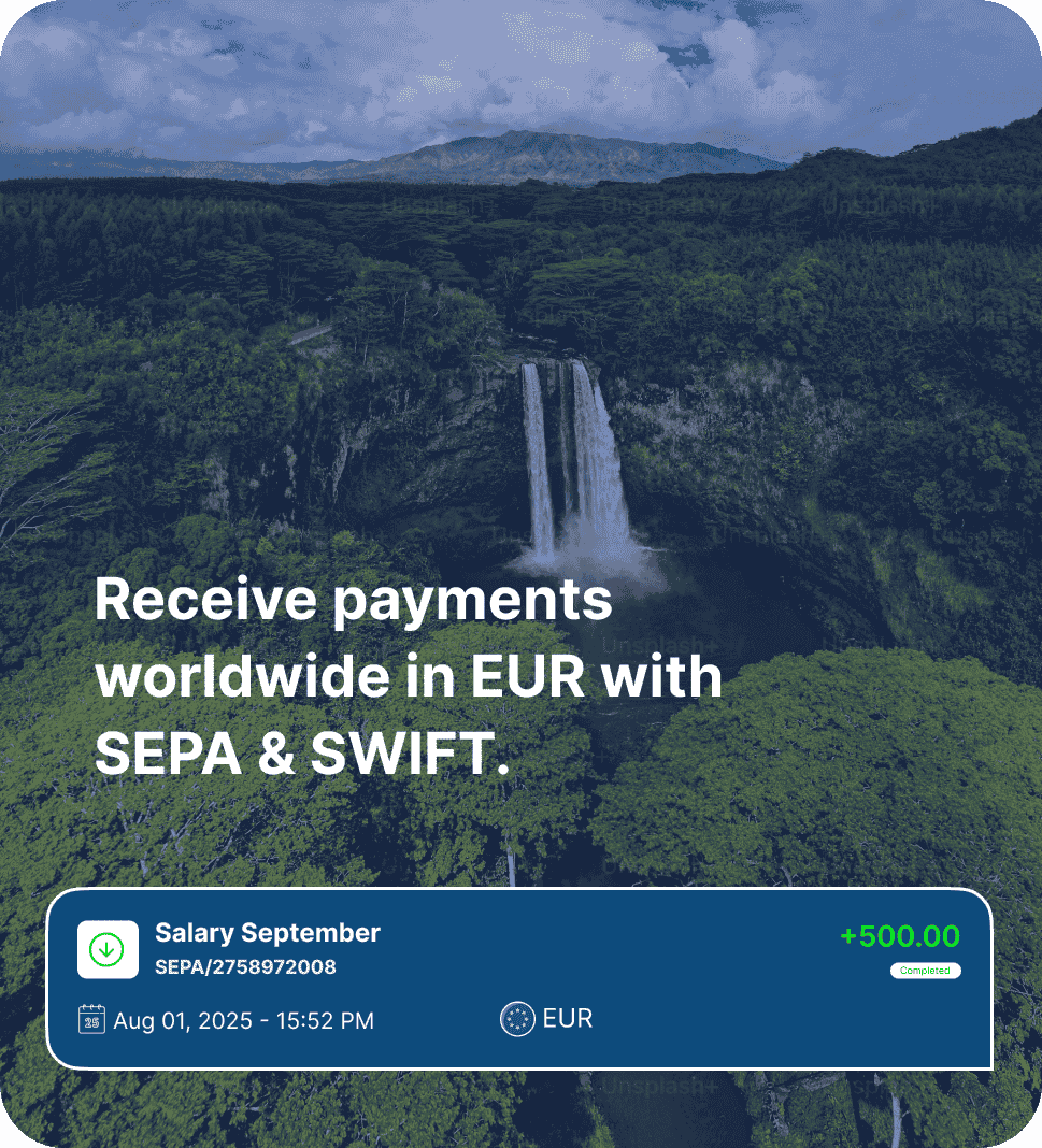 Receive payments worldwide in EUR with SEPA & SWIFT.